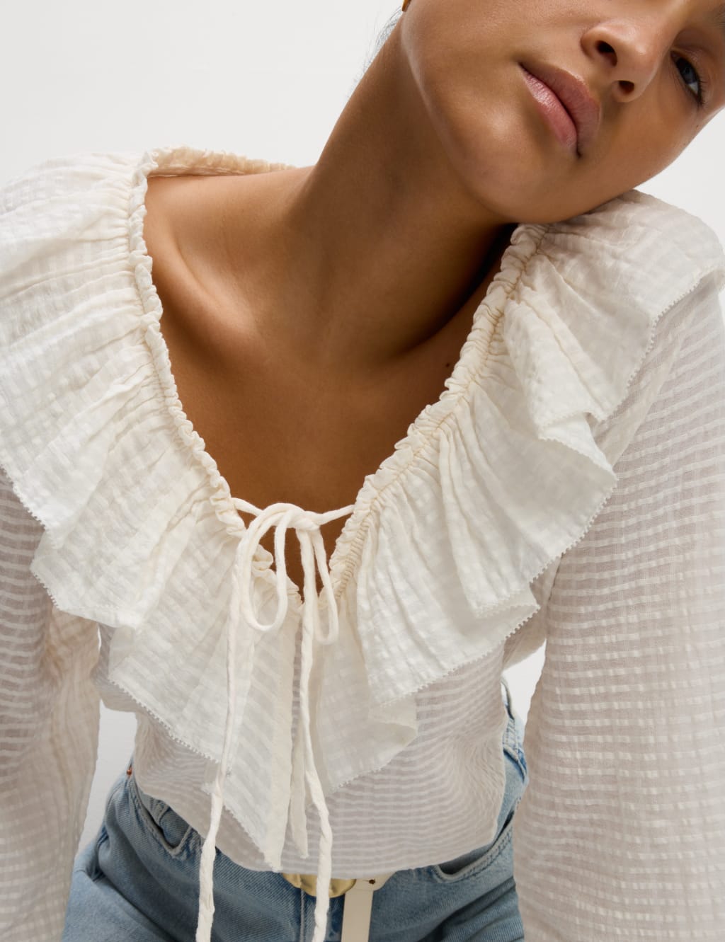 Pure Cotton Textured V-Neck Ruffle Blouse