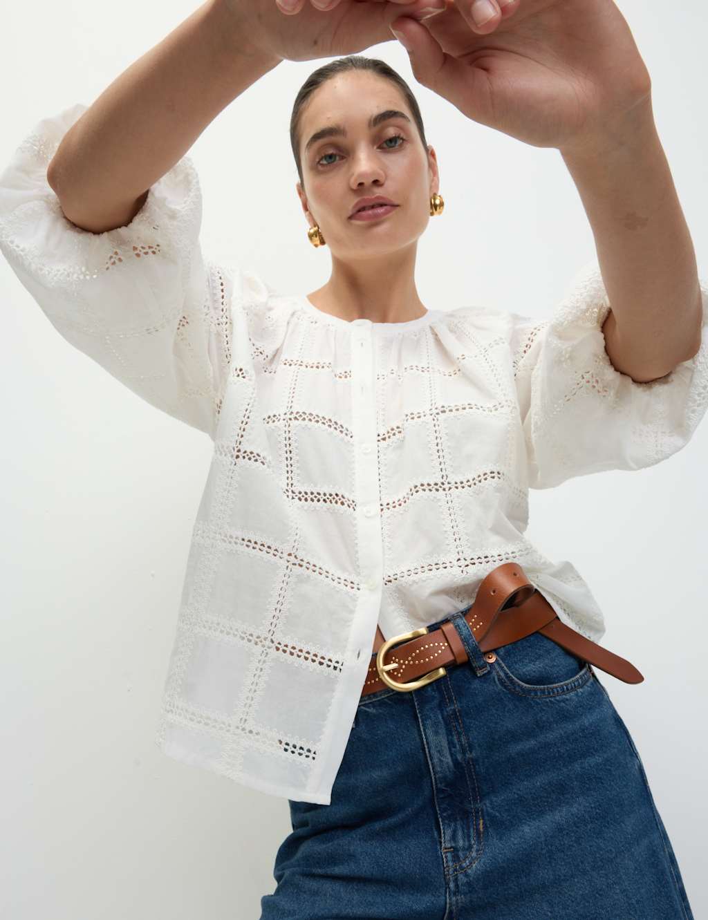 M&S Pure Cotton Broderie Blouse Soft White