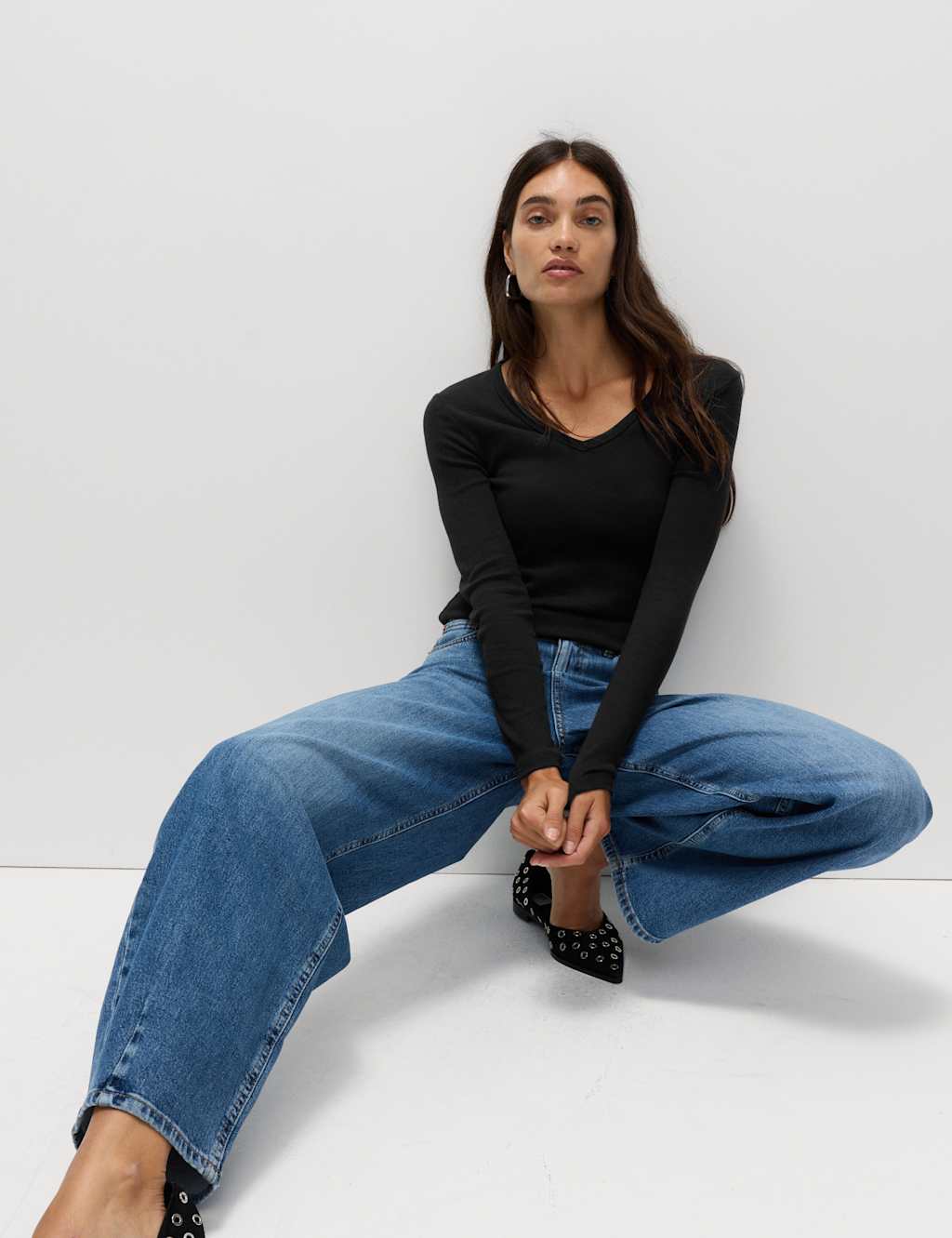 M&S Cotton Rich Ribbed Plain V-Neck Slim Fit Top Black