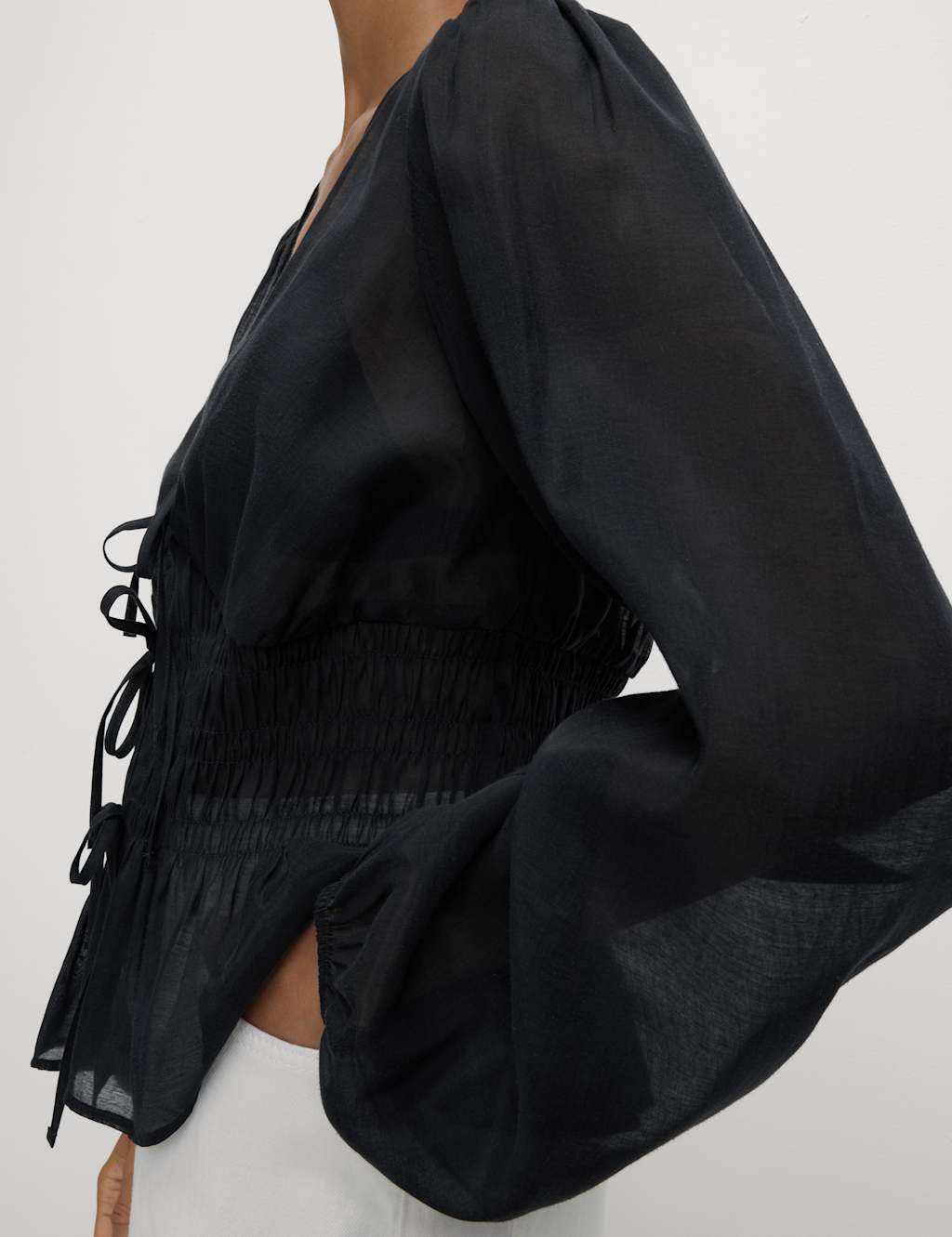 M&S Lyocell Rich V-Neck Shirred Blouse Midnight Navy