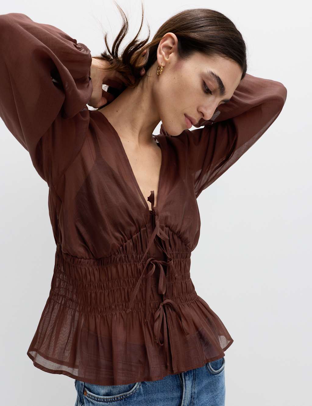 M&S Lyocell Rich V-Neck Shirred Blouse Conker