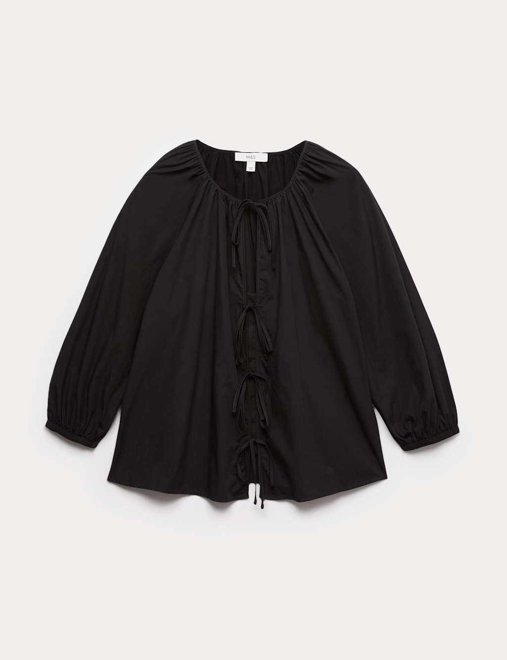 M&S Pure Cotton Puff Sleeve Tie Front Blouse Black
