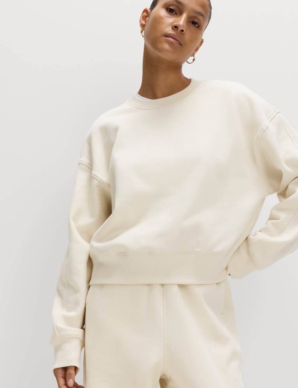 M&S Pure Cotton Garment Dye Cropped Sweatshirt Ivory