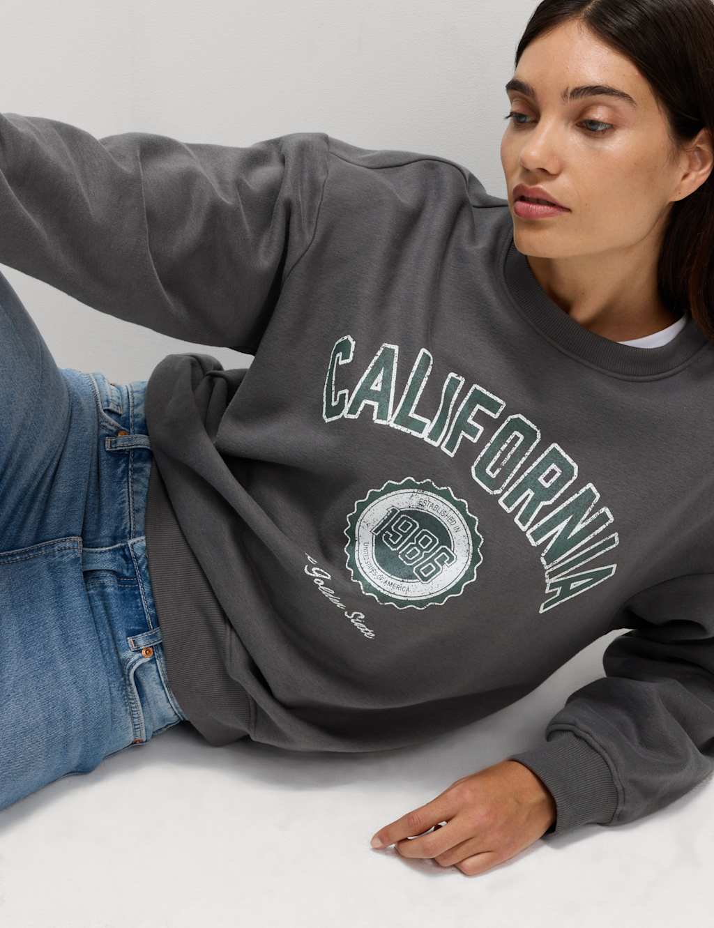 M&S Cotton Rich Slogan Crew Neck Sweat-shirt Thunder