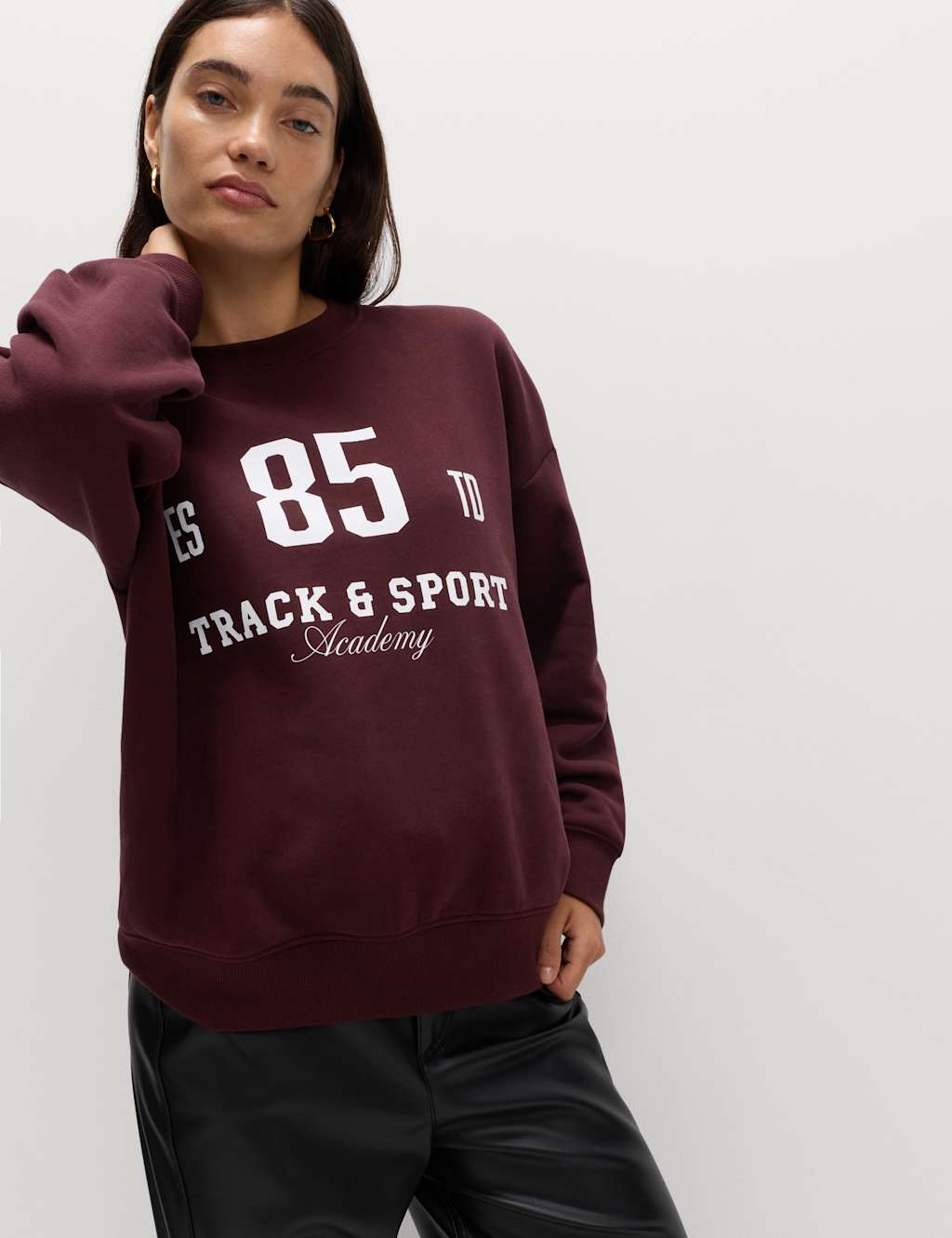 M&S Cotton Rich Slogan Crew Neck Sweat-shirt Dark Claret