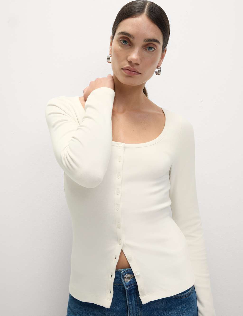 M&S Cotton Rich Scoop Neck Henley Top Ivory
