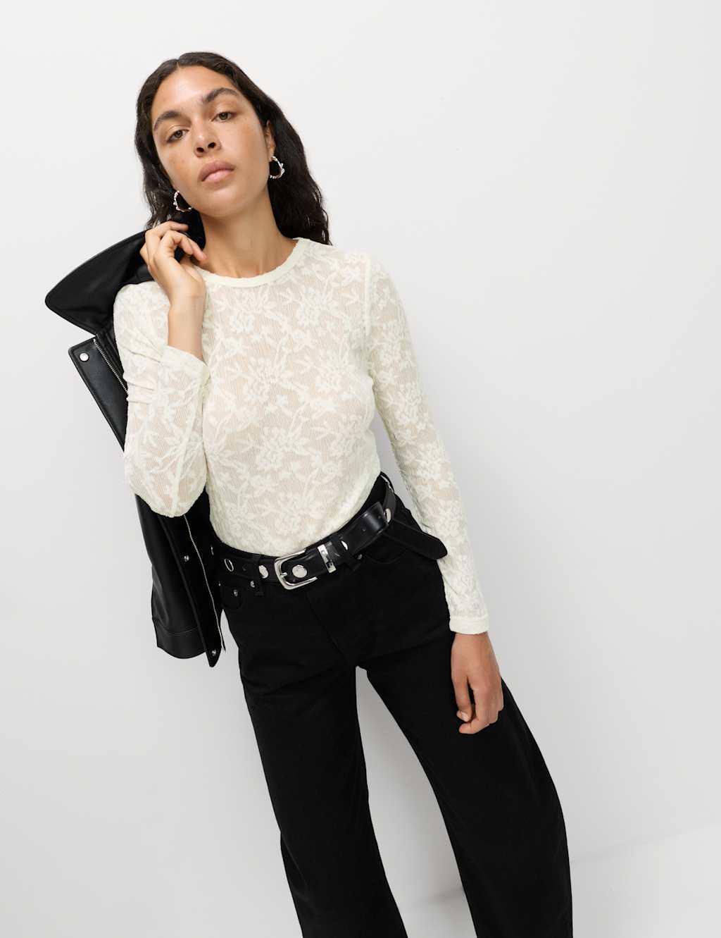 M&S Long Sleeve Floral Mesh Slash Neck Top Ivory
