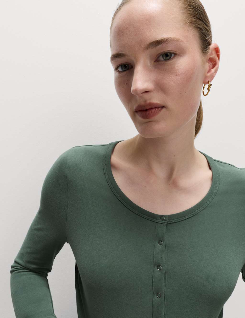 M&S Cotton Rich Garment Dye Henley Top Dark Evergreen