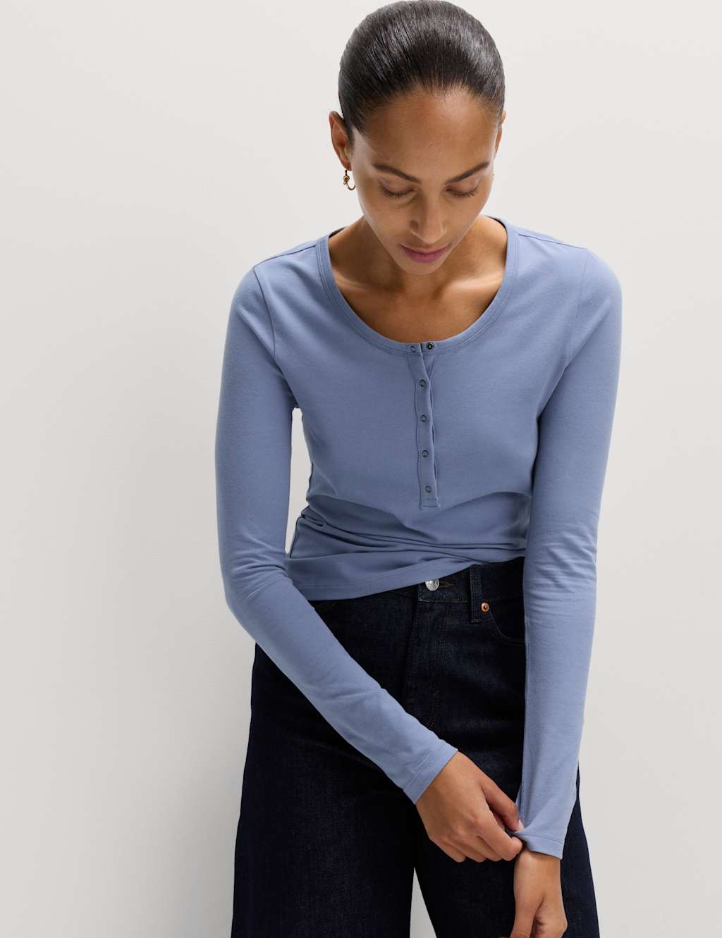 M&S Cotton Rich Garment Dye Henley Top Hyacinth