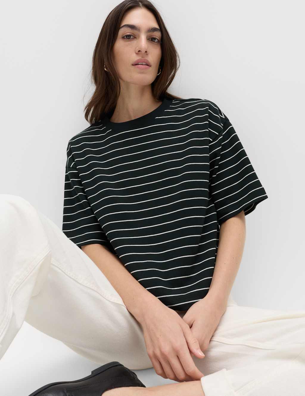 M&S Women's Pure Cotton Heavyweight Boxy Top - 6 - Black Mix