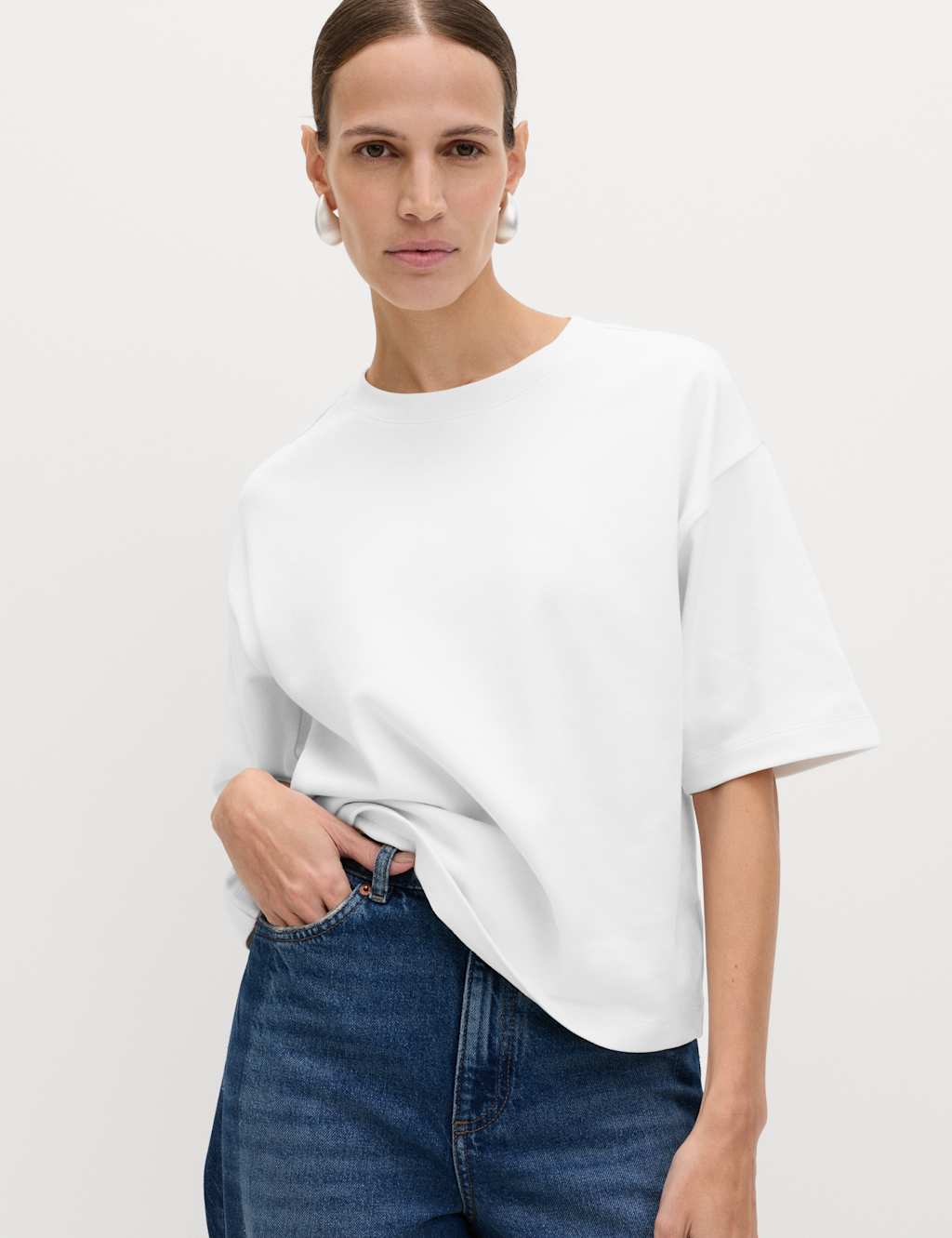 M&S Women's Pure Cotton Heavyweight Boxy Top - 10 - White