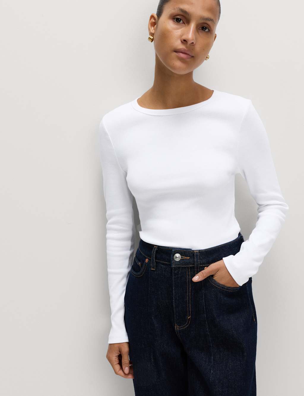 M&S Cotton Rich Ribbed Top Soft White
