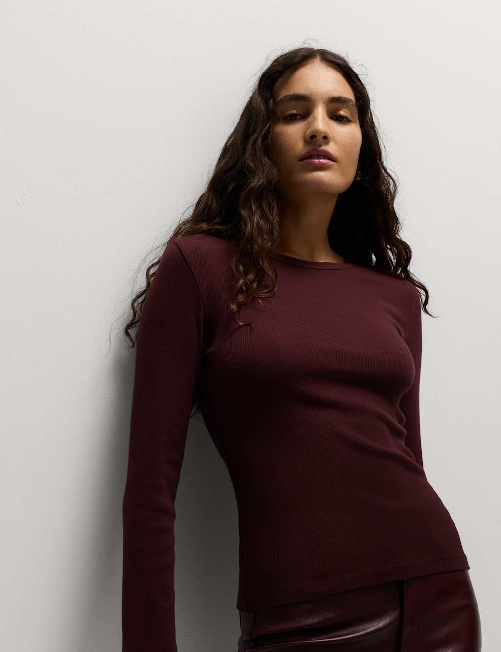 M&S Cotton Rich Ribbed Top Dark Claret