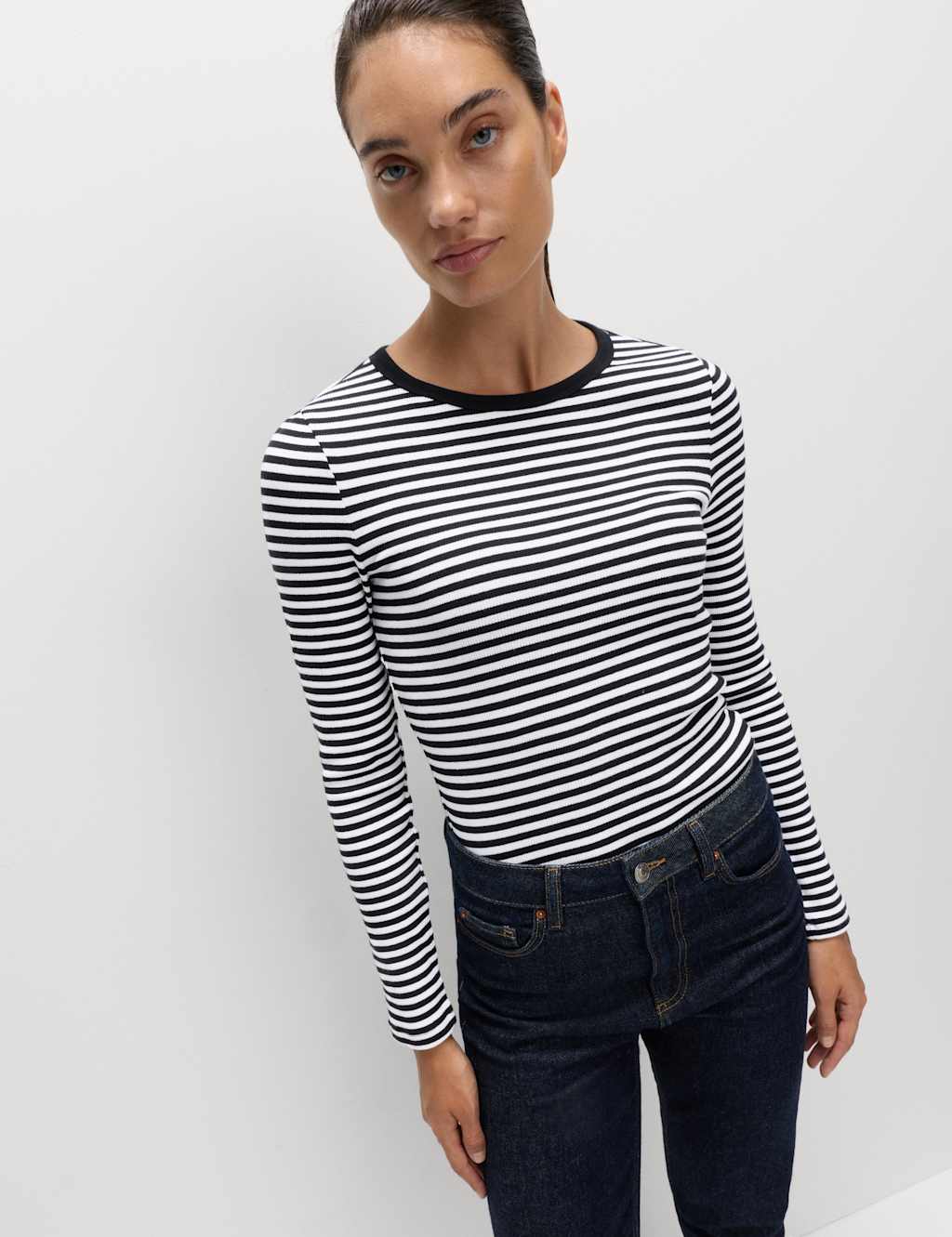 M&S Cotton Rich Ribbed Top White Mix