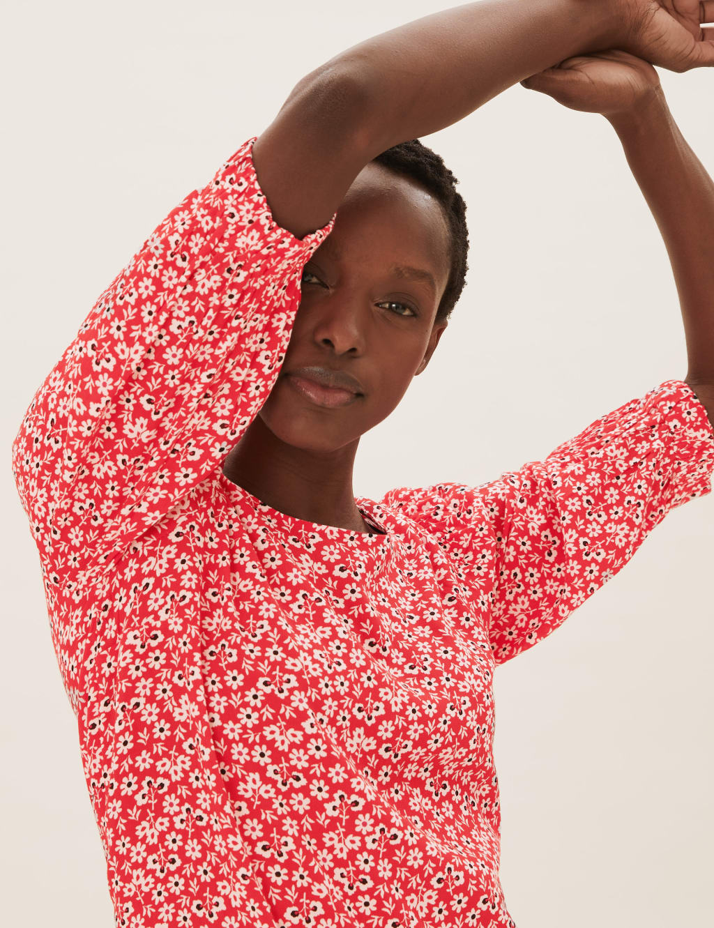 M&S Ditsy Floral Puff Sleeve Blouse Pink Mix