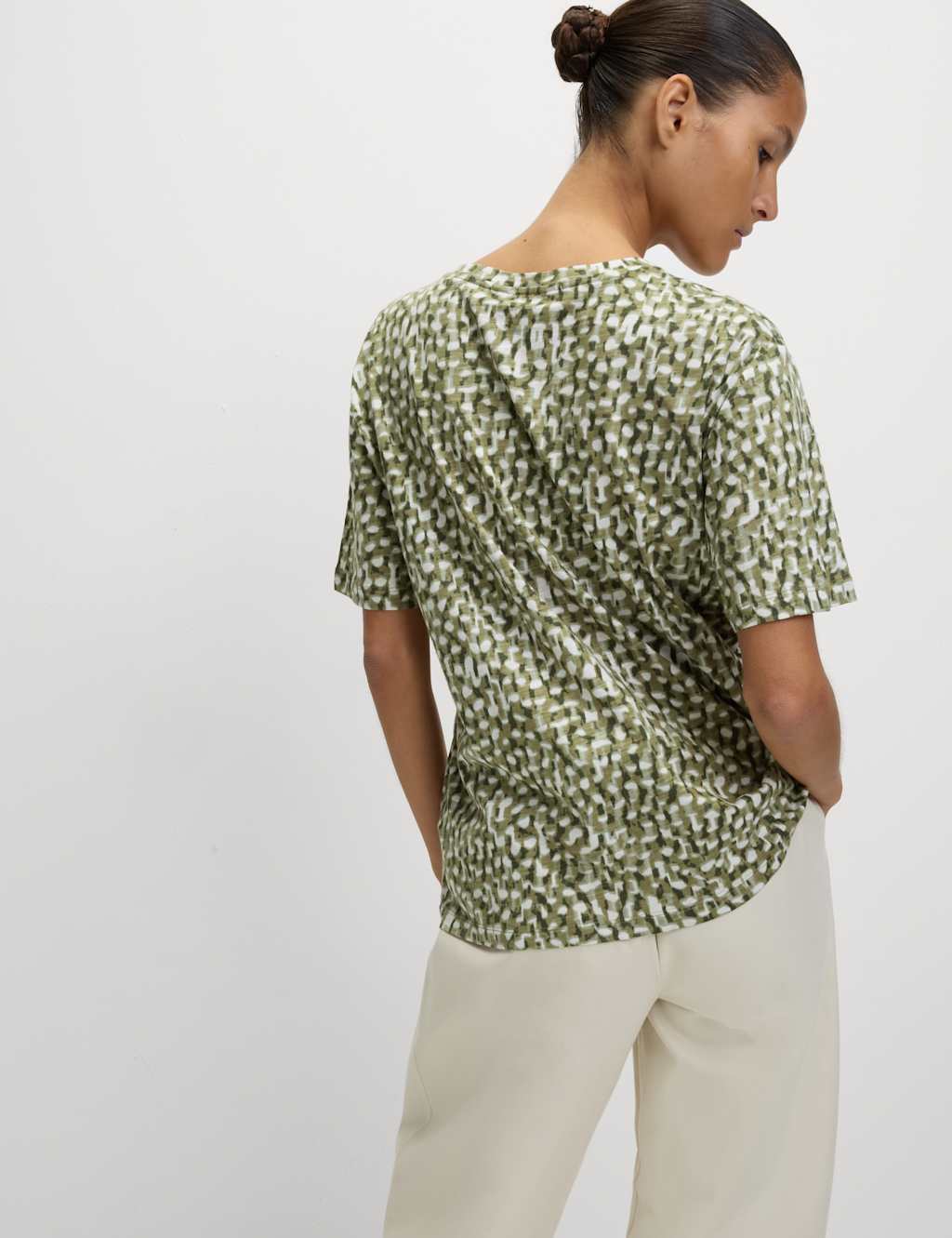 M&S Cotton Modal Blend Printed T-Shirt Khaki Mix