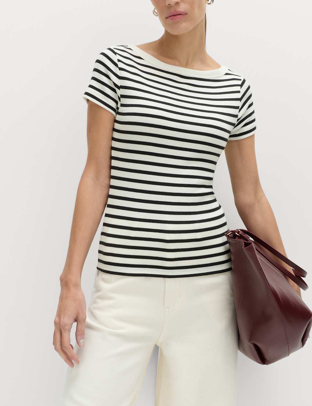 M&S Women's Cotton Rich Ribbed Slash Neck T-Shirt - 16 - Black Mix