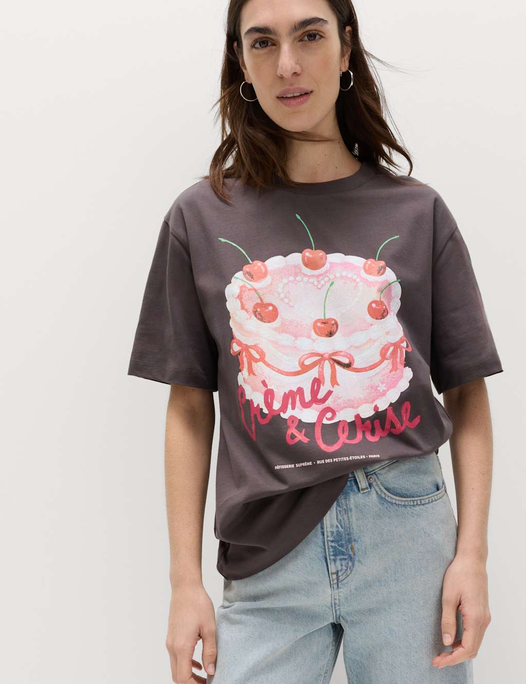 M&S Women's Pure Cotton Floral Oversized Graphic T-Shirt - 12 - Grey Mix