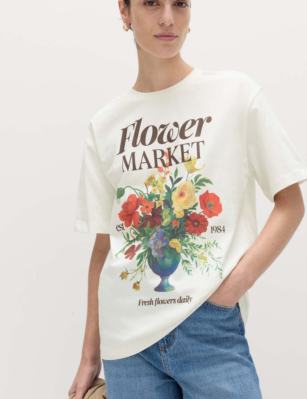 M&S Women's Pure Cotton Floral Oversized Graphic T-Shirt - 12 - Ivory Mix