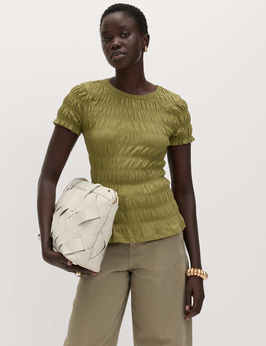 M&S Women's Pure Cotton Smocked Detail Top - 22 - Lime