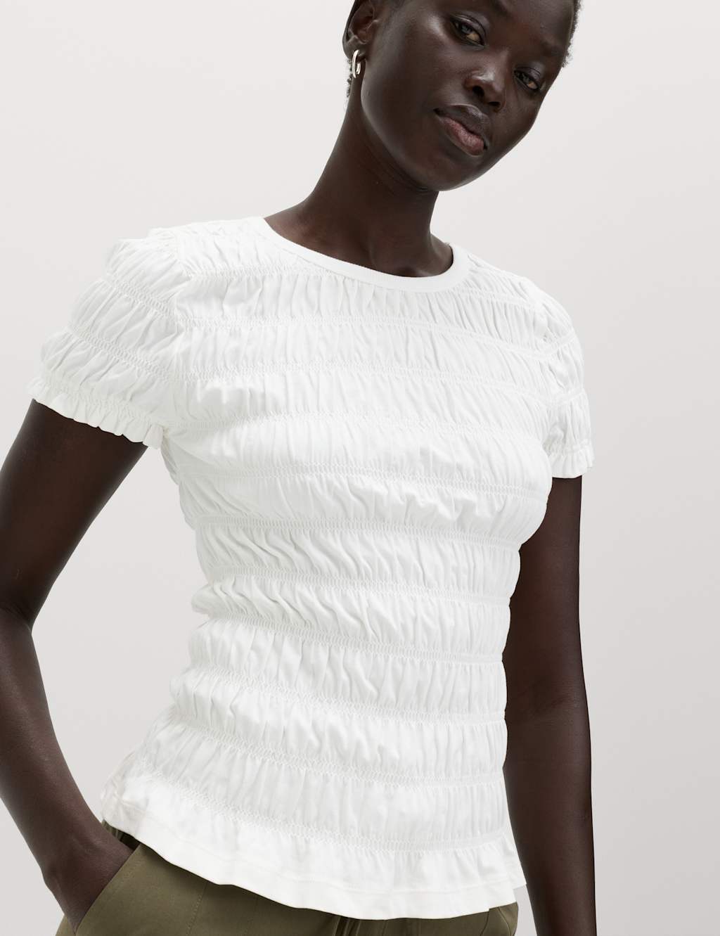 M&S Women's Pure Cotton Smocked Detail Top - 18 - Soft White