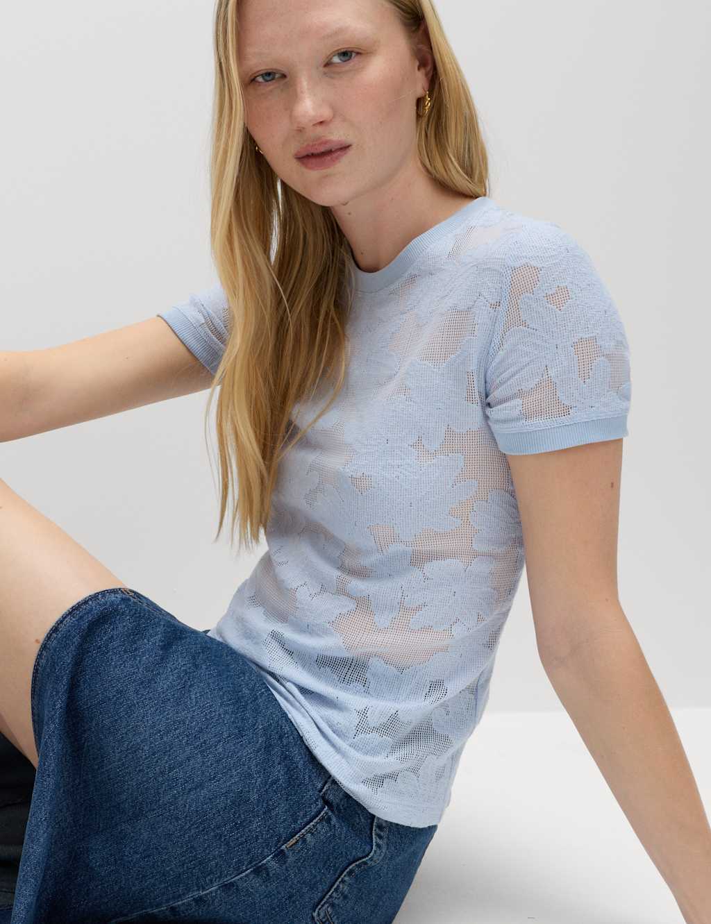 M&S Women's Cotton Blend Floral Lace Top - 20 - Blue