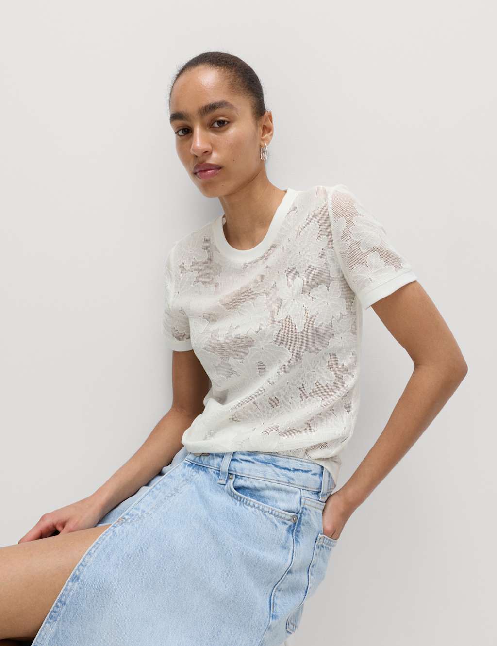 M&S Women's Cotton Blend Floral Lace Top - 10 - Soft White