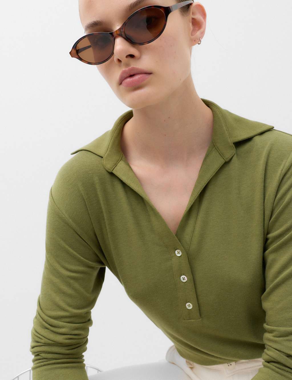 M&S Women's Long Sleeve Side Tie Polo Top with Cotton - 6 - Sage