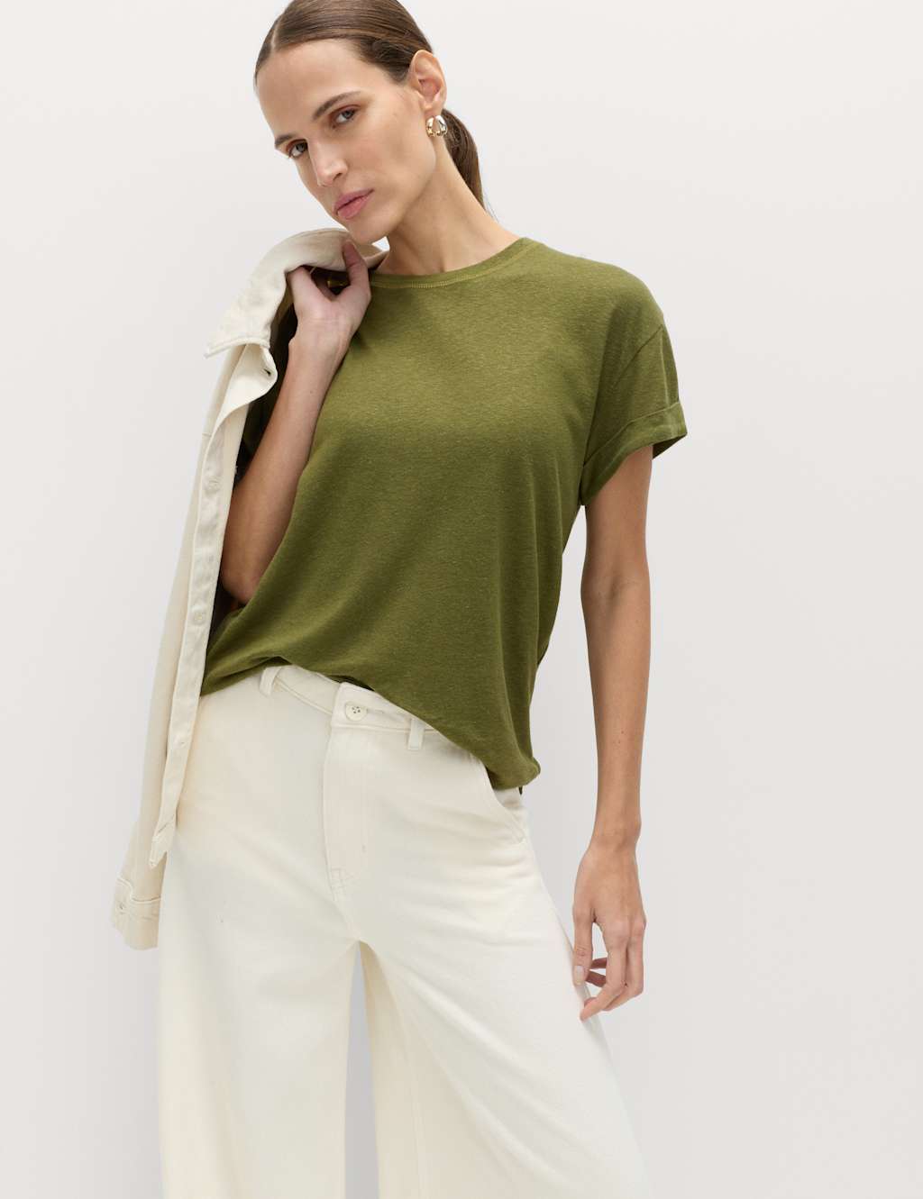 M&S Women's Linen Blend T-Shirt - 8 - Olive