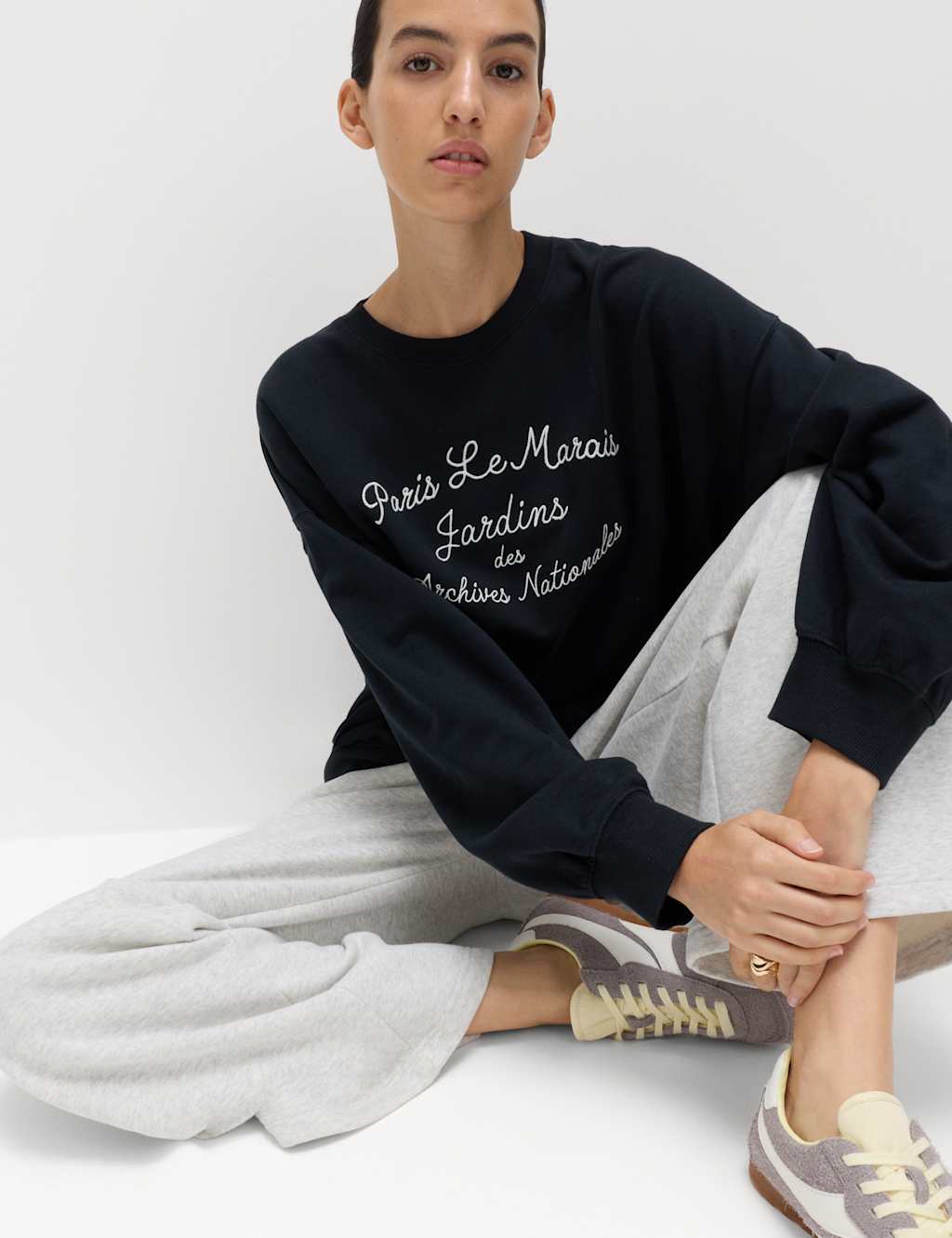 M&S Women's Pure Cotton Embroidered Slogan Sweatshirt - Small - Navy Mix