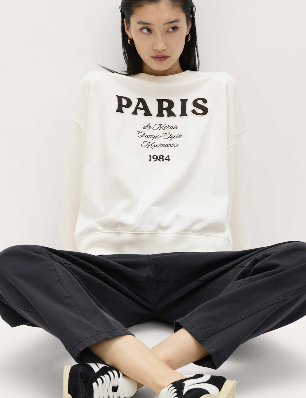 M&S Women's Pure Cotton Embroidered Slogan Sweatshirt - Large - Ivory Mix