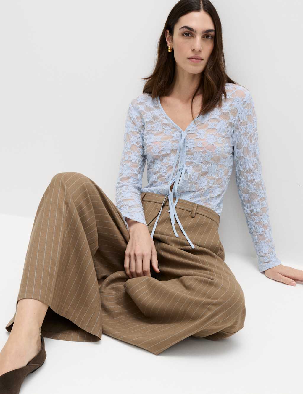 M&S Women's Cotton Blend Floral Lace Tie Front Top - 6 - Faded Blue