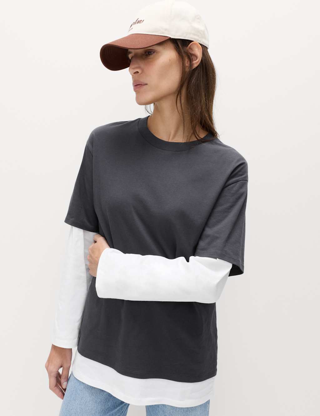 M&S Women's Pure Cotton Double Layer Oversized T-Shirt - 22 - Grey Mix