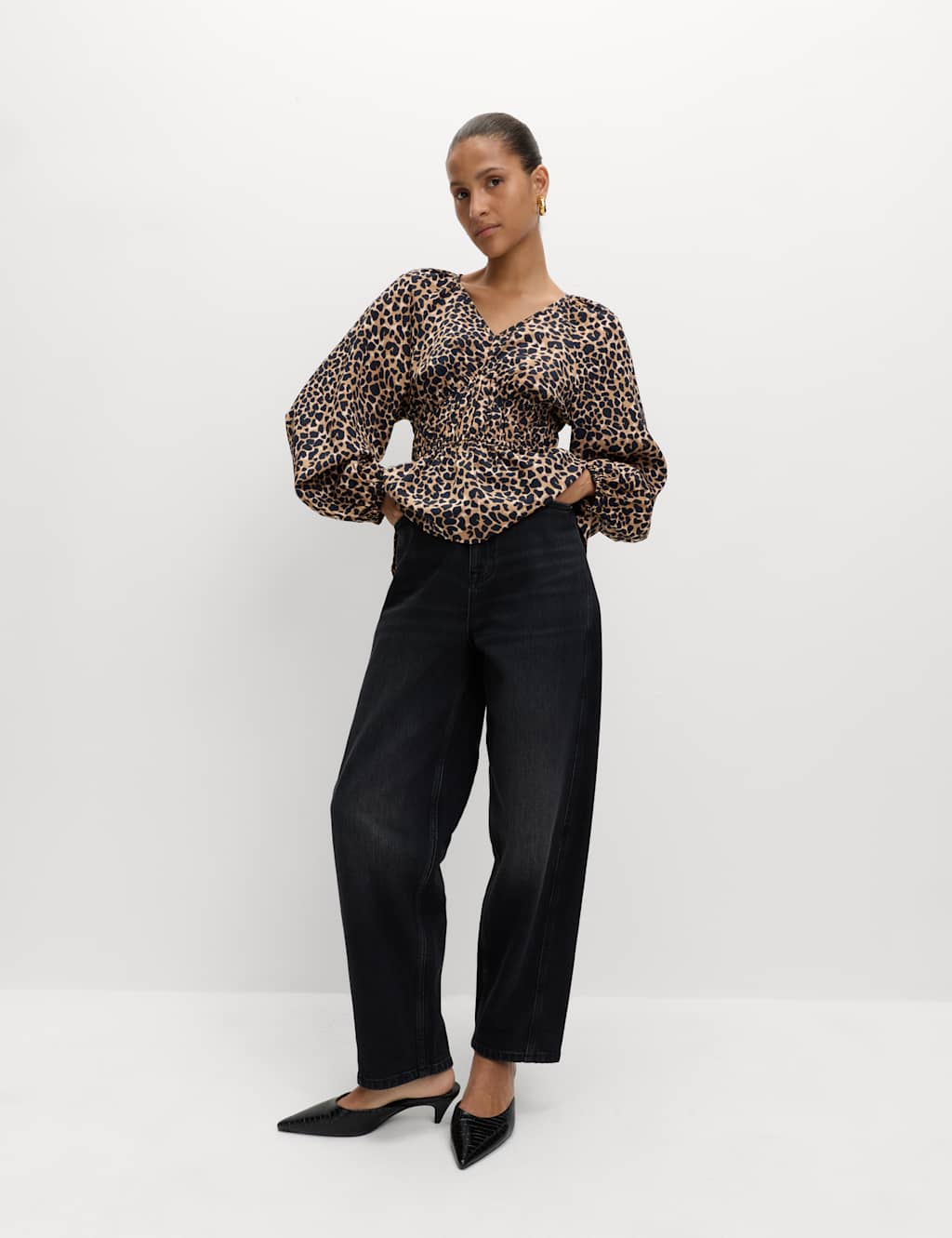 M&S Animal Print Puff Sleeve Blouse Brown Mix