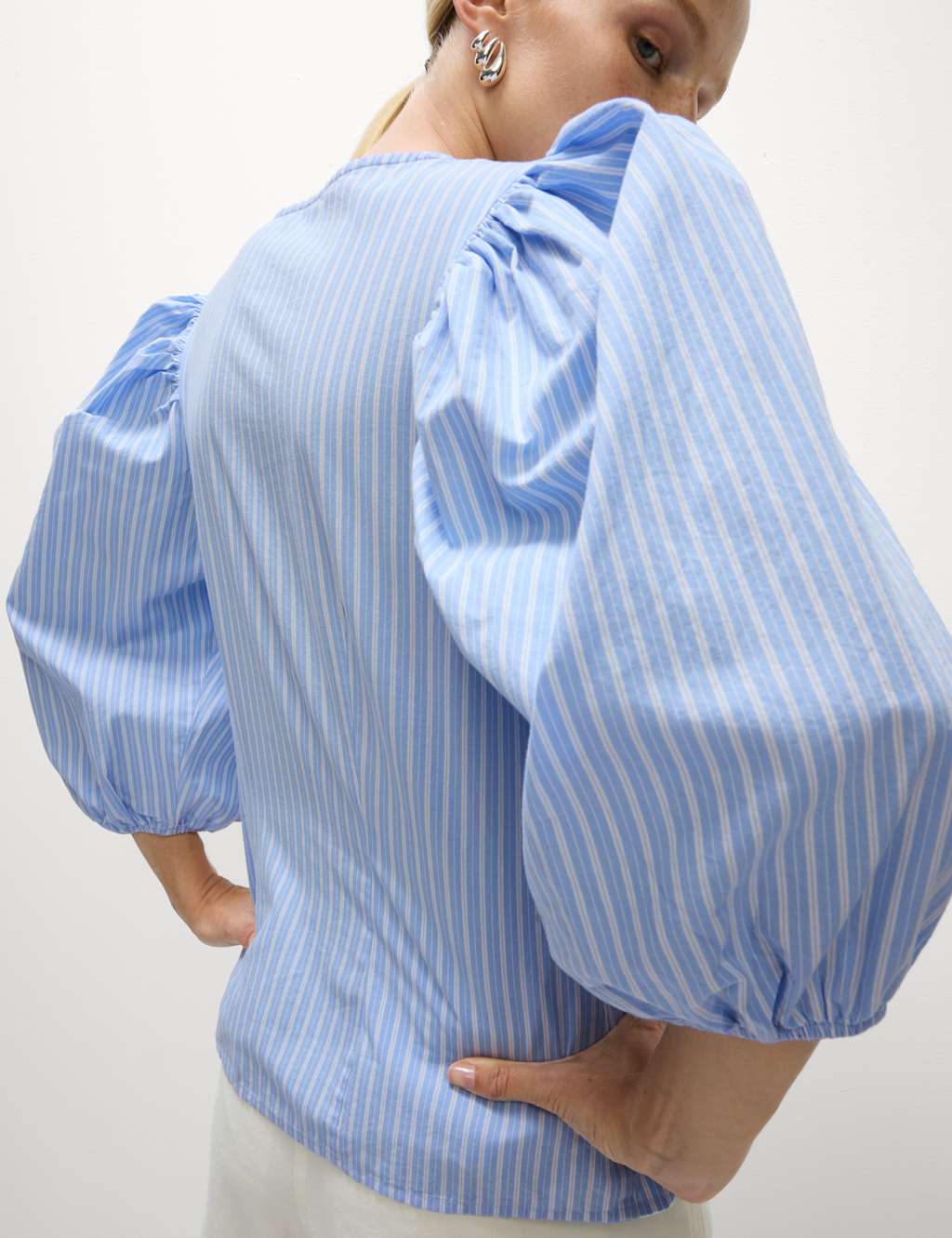 M&S Pure Cotton Puff Sleeve Button Through Blouse Blue Mix