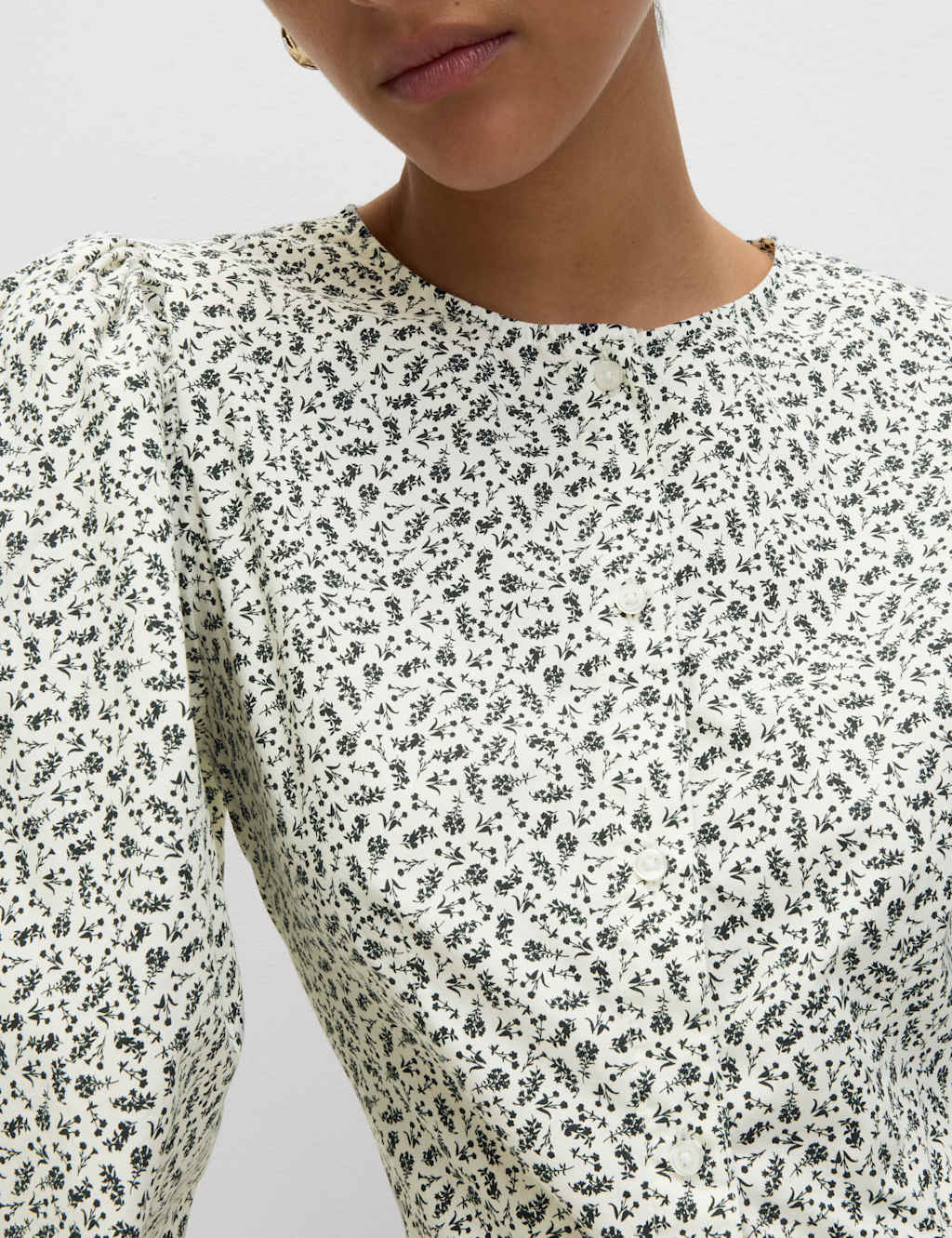 M&S Pure Cotton Puff Sleeve Button Through Blouse Ivory Mix