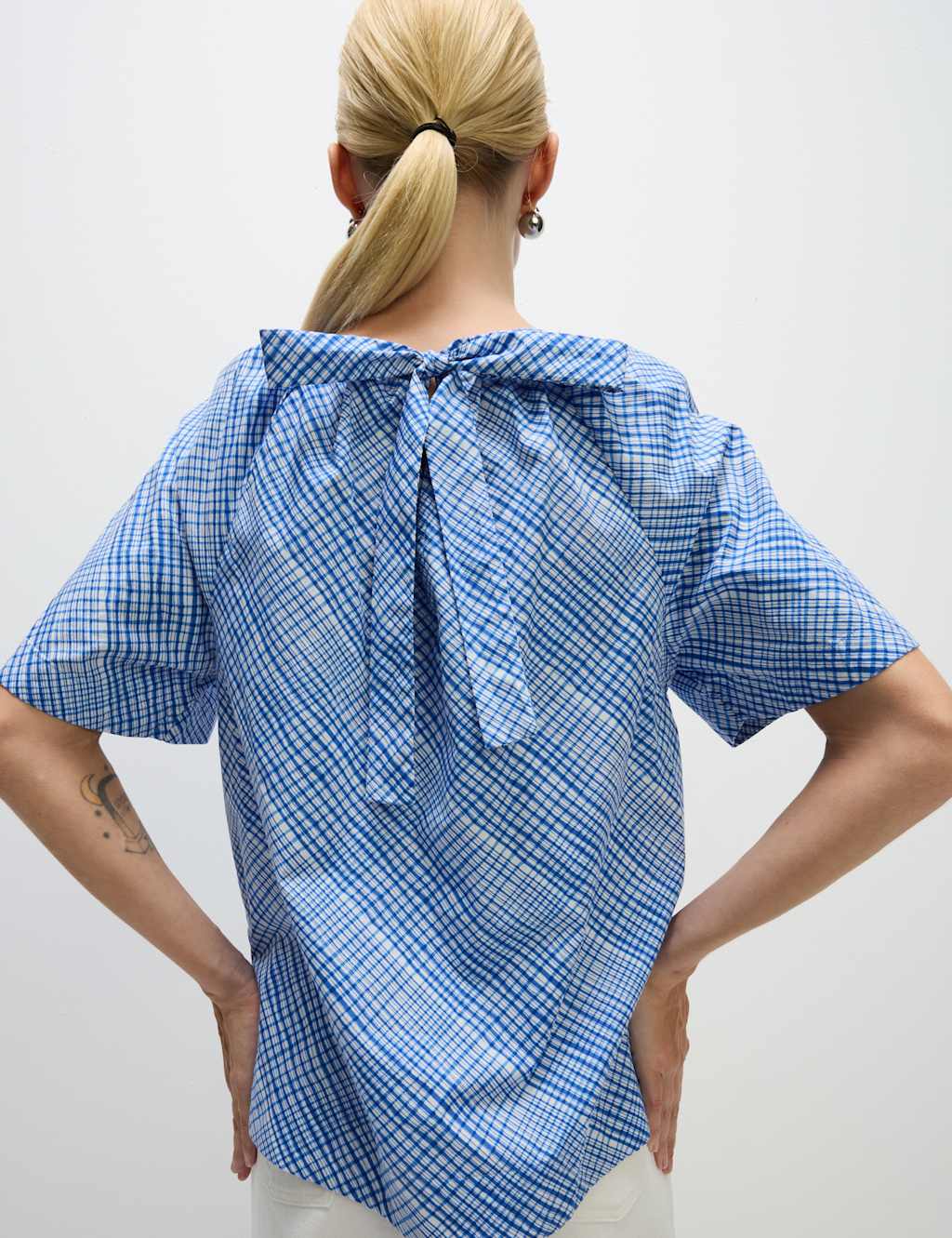 M&S Pure Cotton Tie Back Detailing Blouse Blue Mix
