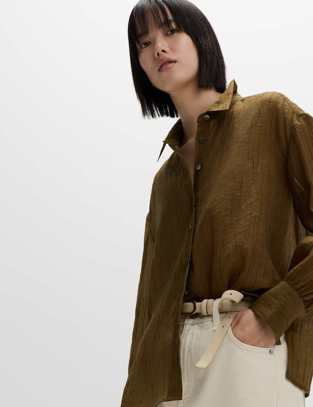 M&S Lyocell Rich Textured Collared Shirt Soft Brown