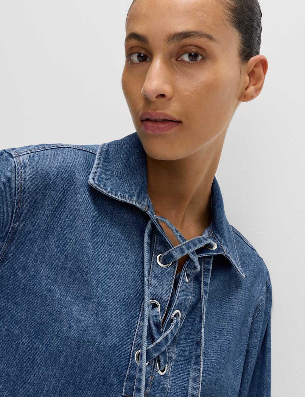 M&S Denim Tie Fastening Blouse Med Blue Denim