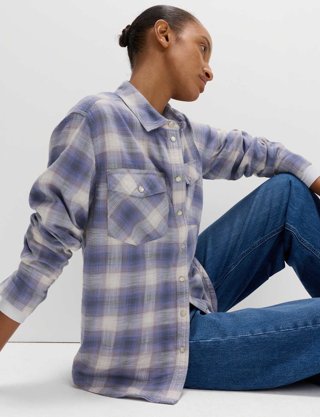 M&S Pure Cotton Western Checked Shirt Purple Mix