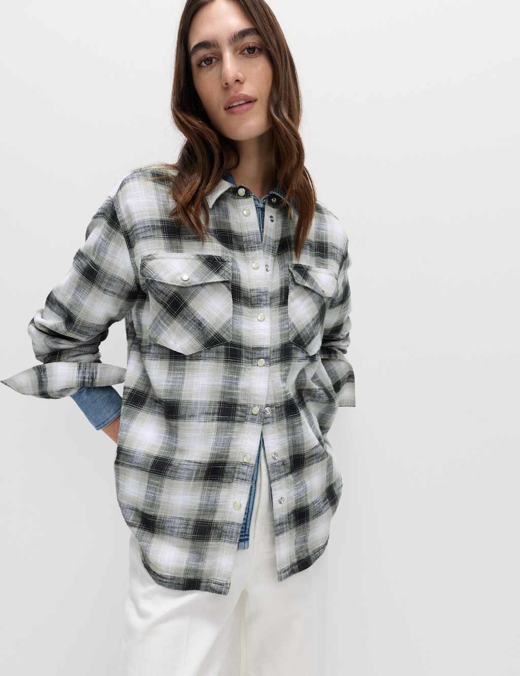 M&S Pure Cotton Western Checked Shirt Black Mix