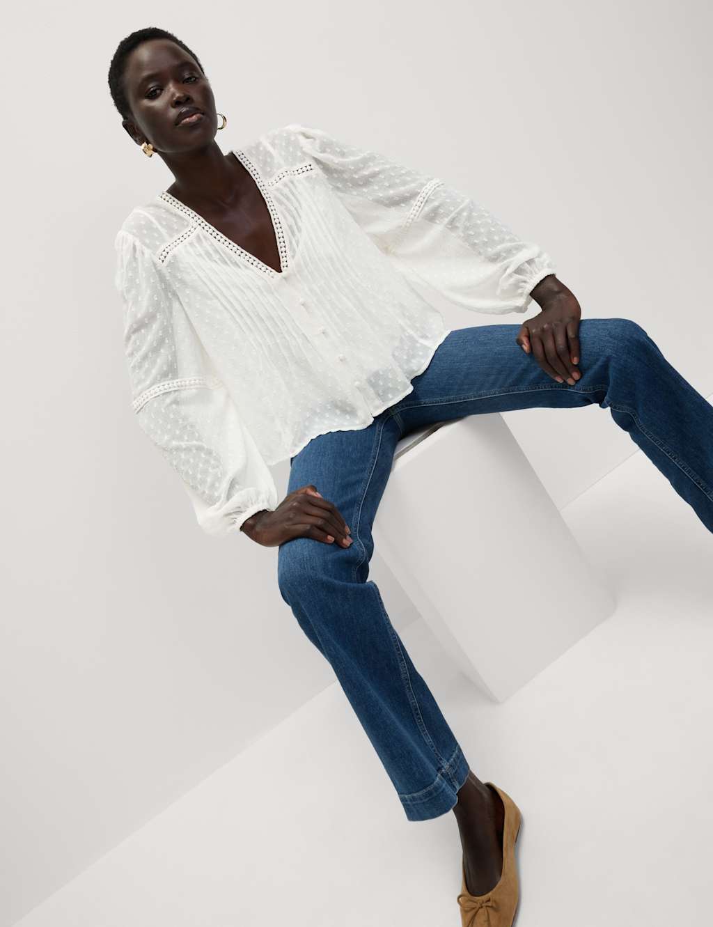 M&S Dobby Textured V-Neck Long Sleeve Blouse Soft White