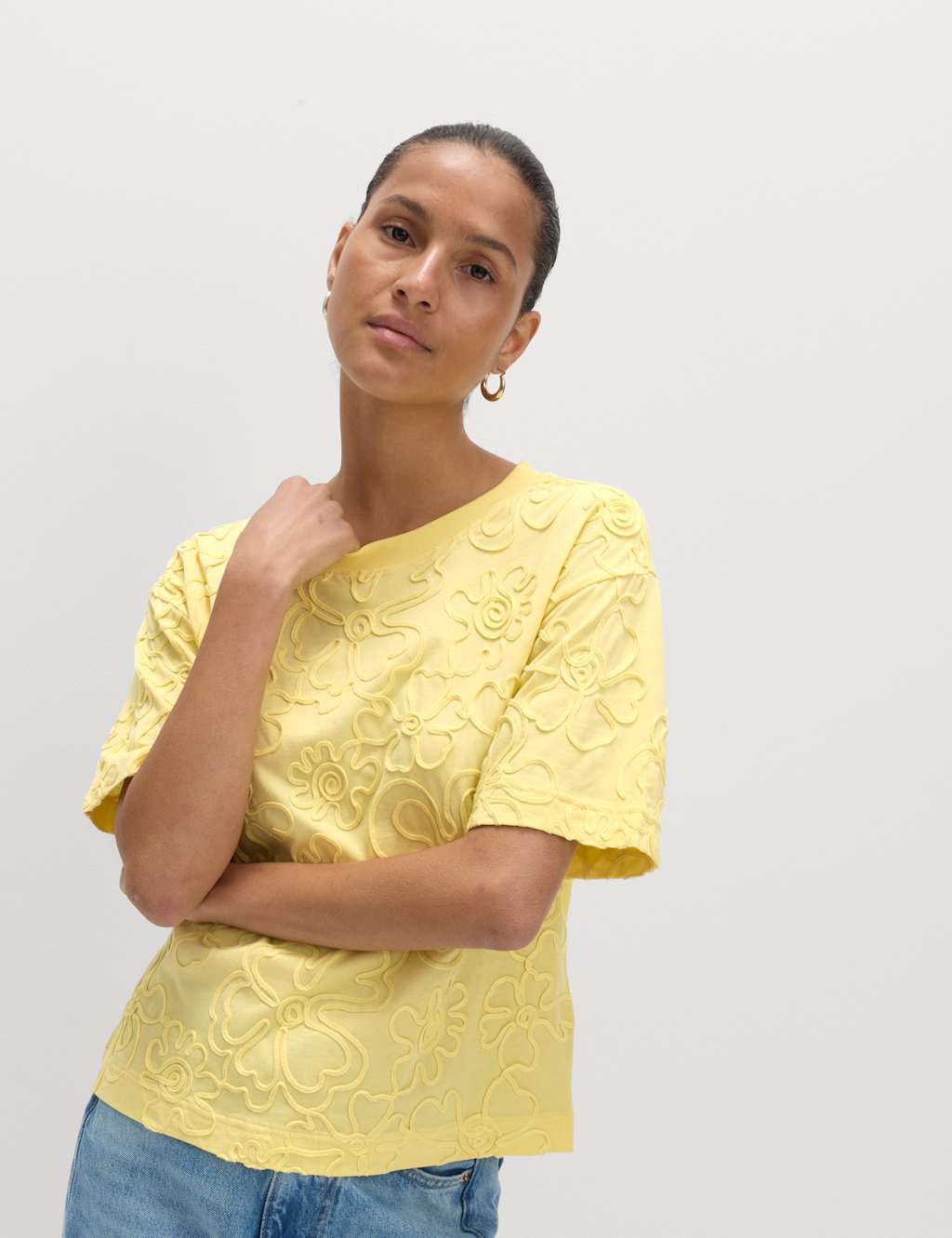 M&S Women's Pure Cotton Appliqué T-Shirt - 8 - Pale Yellow