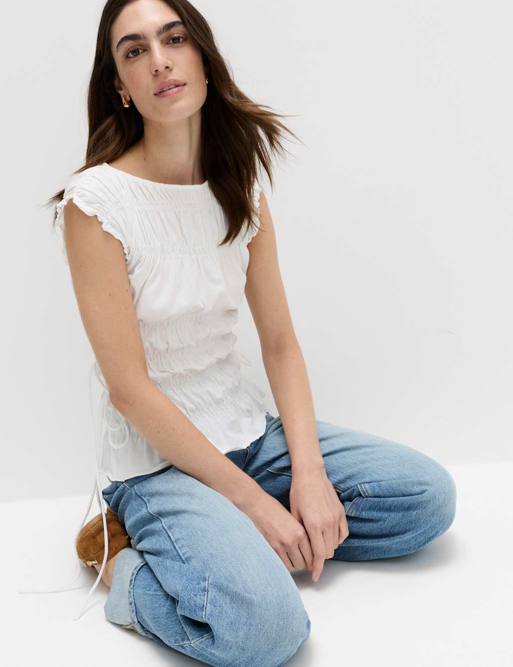M&S Women's Pure Cotton Smocked Detail Top - 14 - Soft White