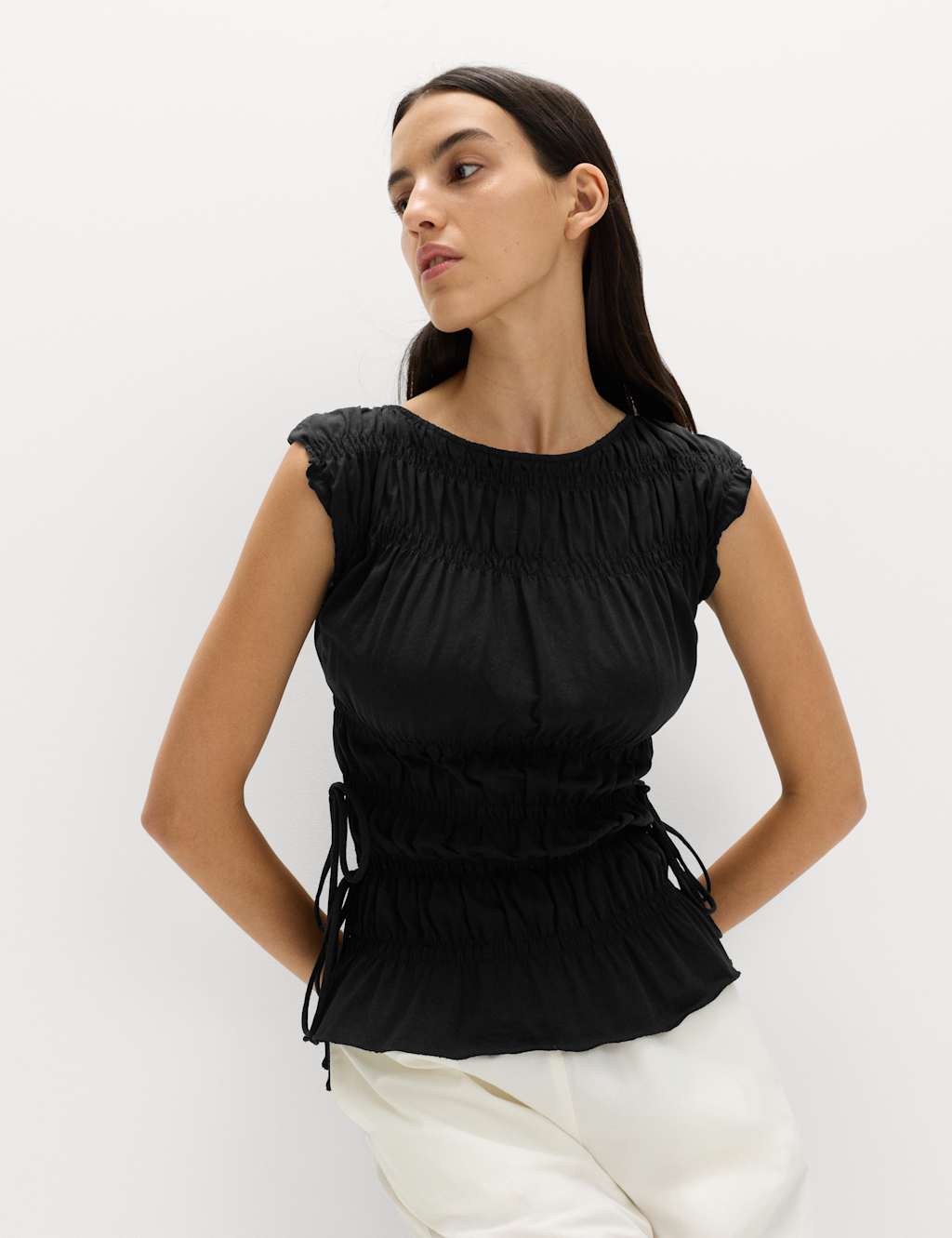 M&S Women's Pure Cotton Smocked Detail Top - 24 - Black