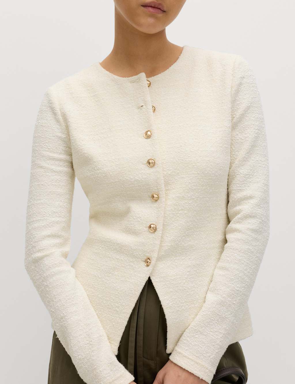 M&S Women's Textured Button Detail Peplum Top with Cotton - 8 - Ivory
