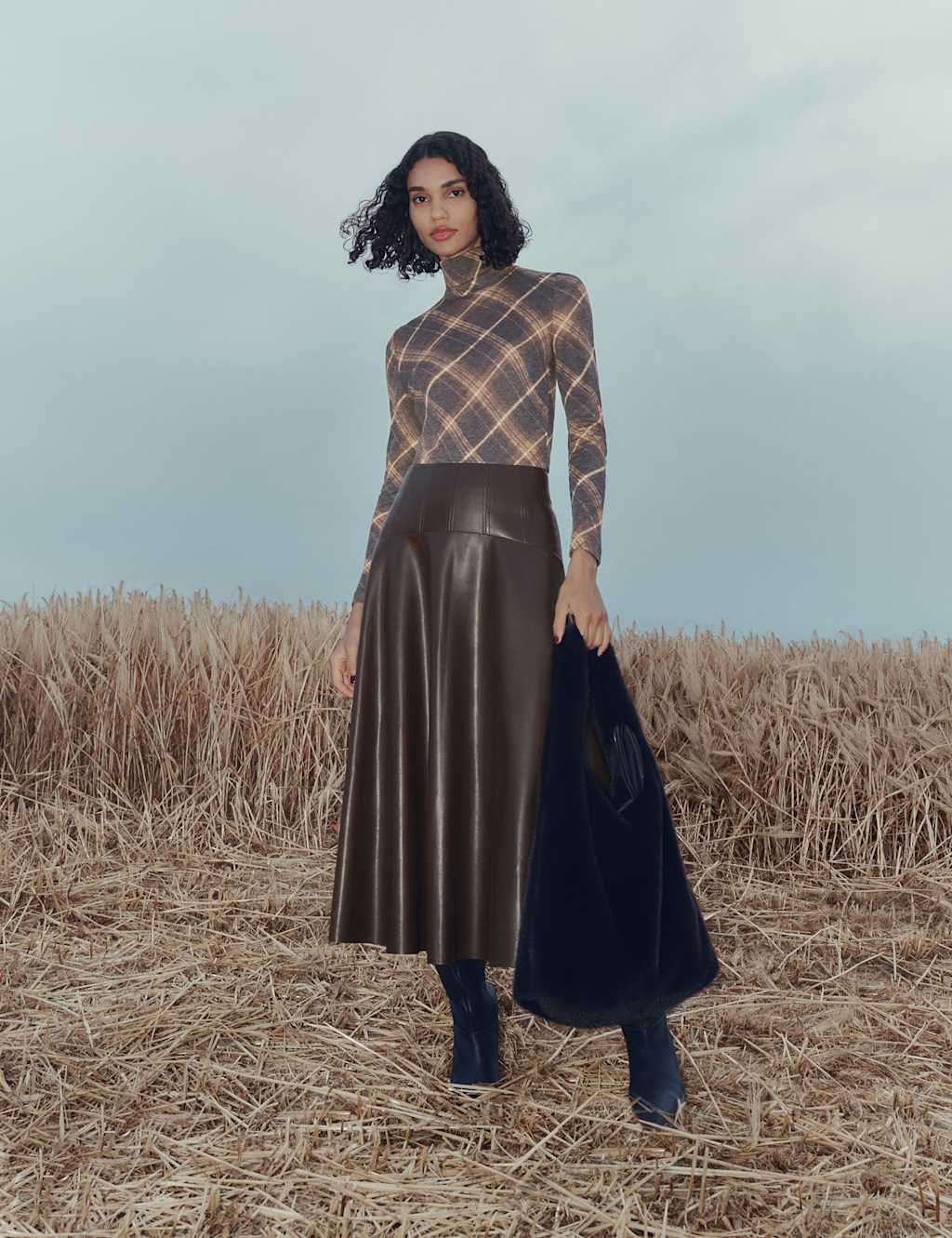 M&S Funnel Neck Long Sleeve Slim Fit Top with Wool Brown Mix