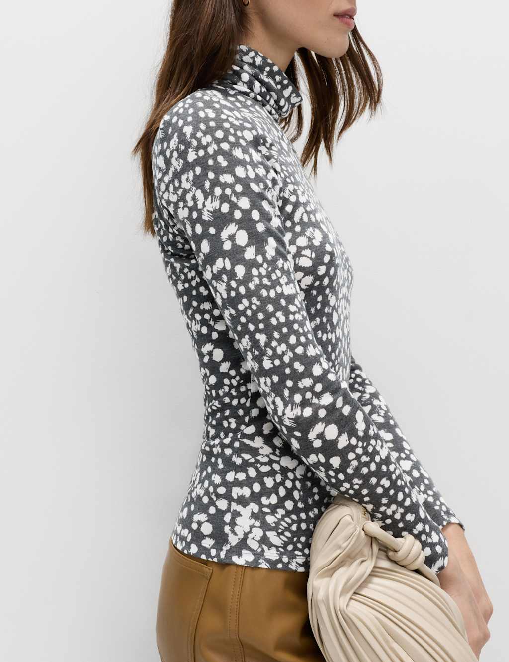 M&S Funnel Neck Long Sleeve Slim Fit Top with Wool Black Mix