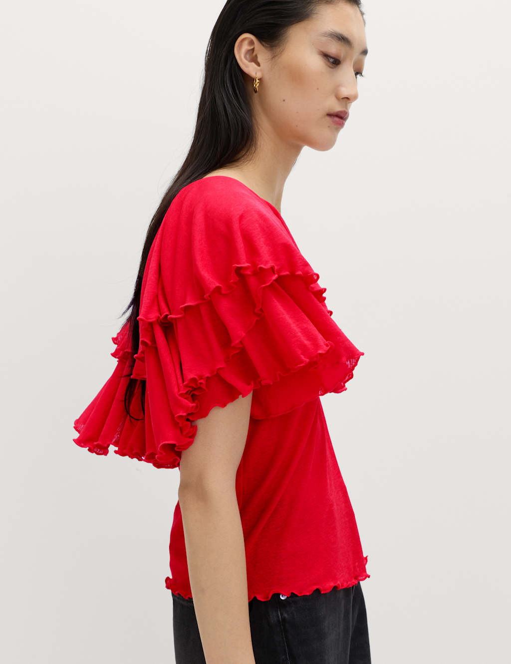M&S Women's Ruffle Button Detail Relaxed Top - 16 - Red