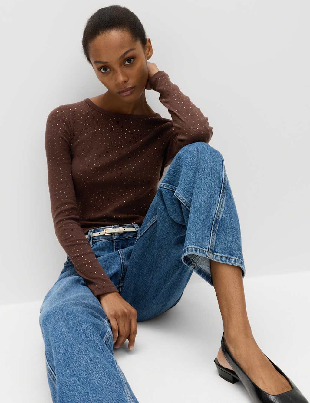 M&S Cotton Rich Embellished Ribbed Top Dark Chocolate